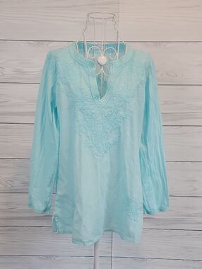 Catalog Favorites Light Blue Embroidered V-Neck Tunic Top 100% Cotton Size M